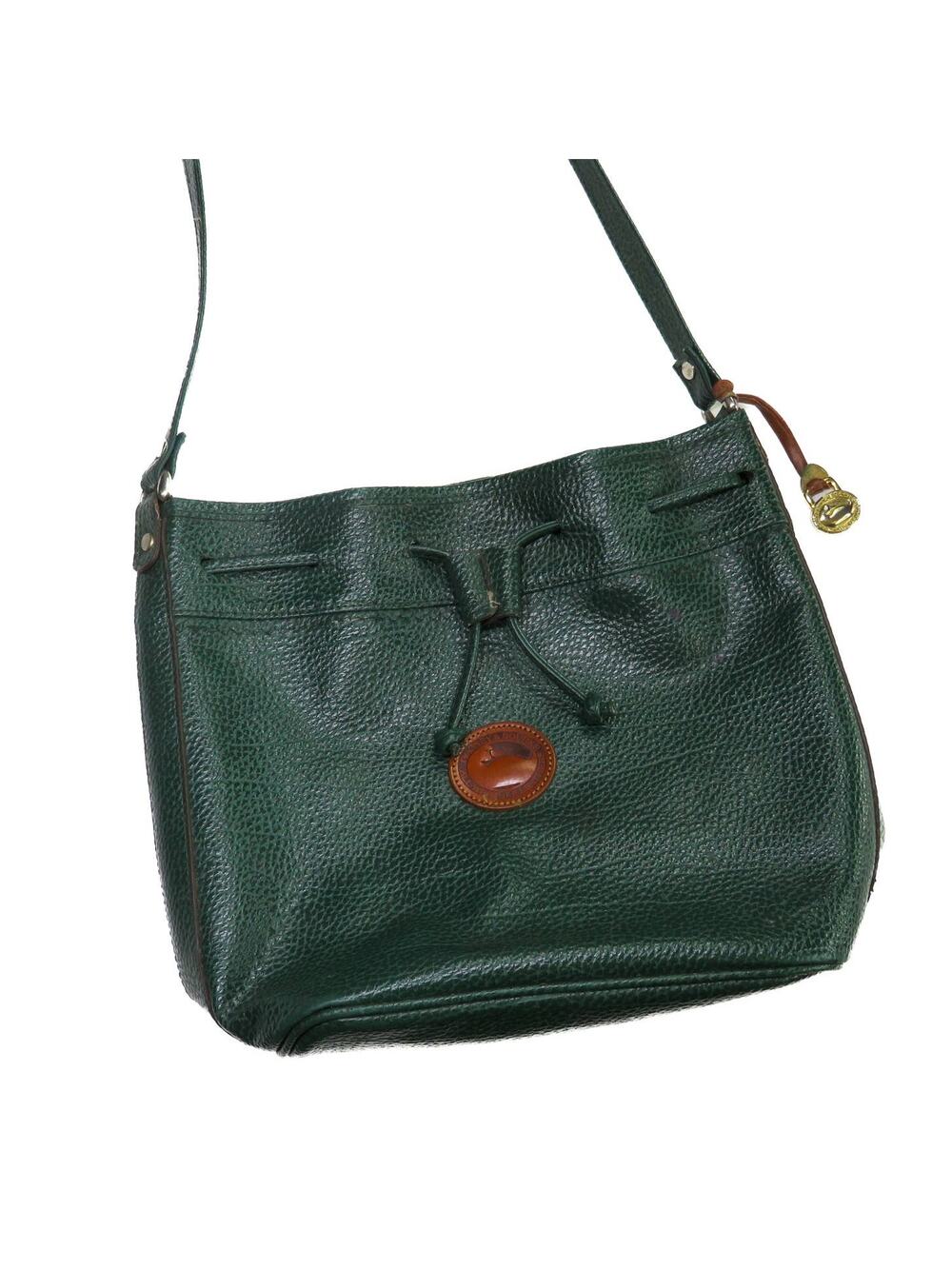 1980s Vintage Dooney & Bourke Forrest Green Leather Drawstring Crossbody Bag